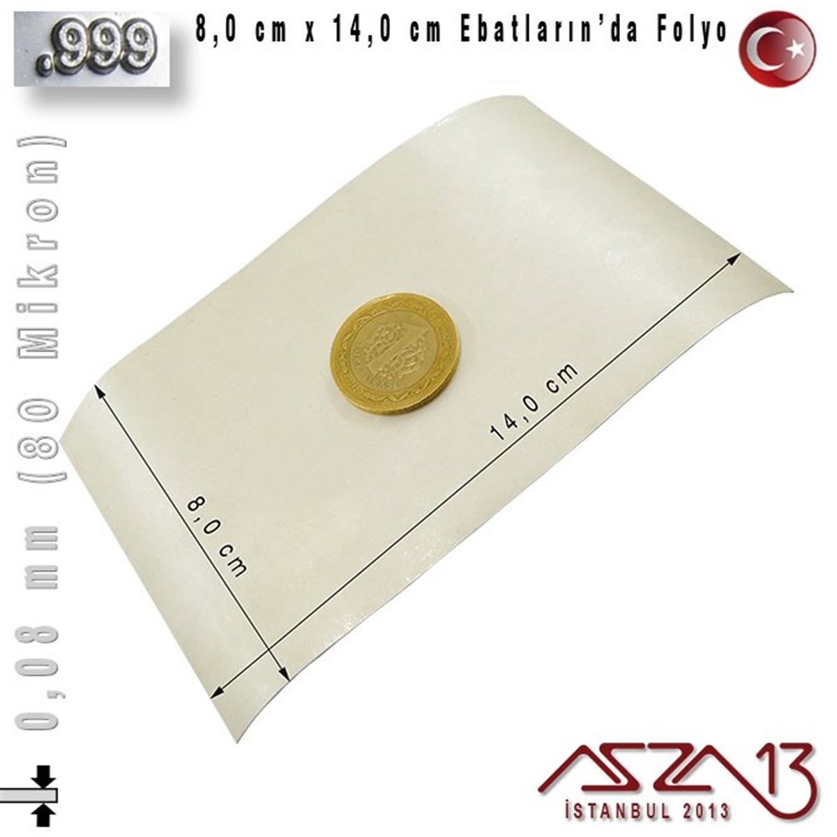 Gümüş Plaka (Astar)GÜMÜŞazza13999 Ayar - 0,08 mm (80 Mikron) Kalınlıkta Gümüş Folyo - 8,0 cm x 14,0 cm