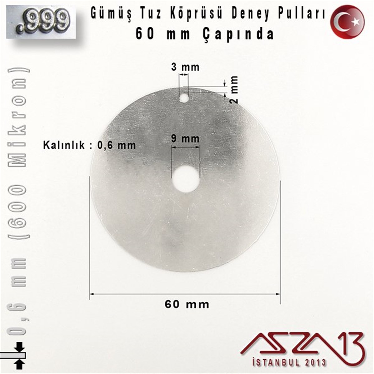 Gümüş PulGÜMÜŞazza13999 Ayar - 0,6 mm (600 Mikron)  Gümüş Pul - 60 mm - Yuvarlak