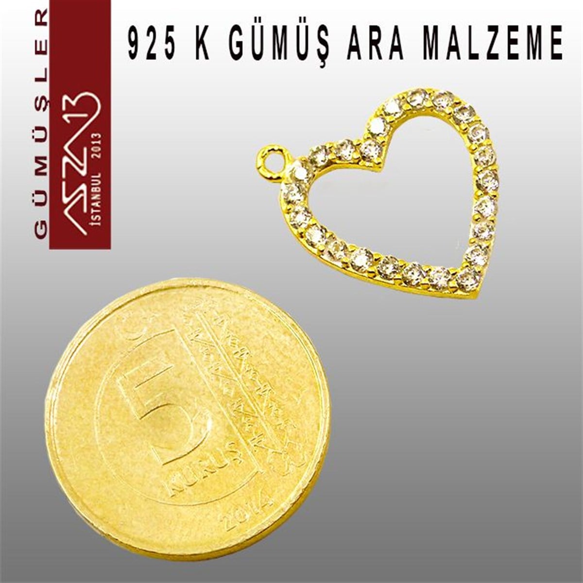 Gümüş Taşlı Döküm Ara MalzemelerGÜMÜŞazza13925 K Gümüş, Altın Kaplama Kalp,Taşlı Ara Malzeme / Paket İçeriği 1 Adet