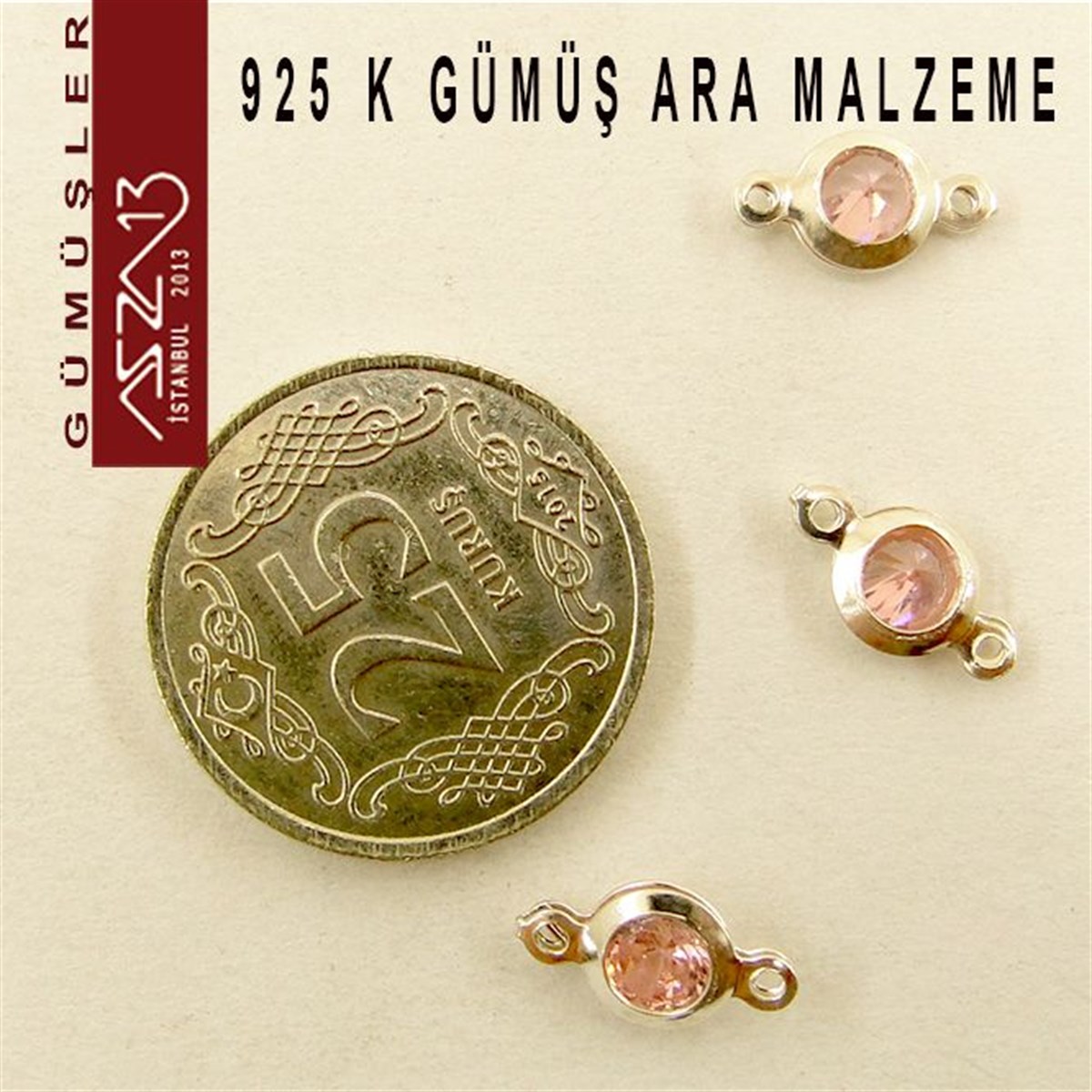Gümüş Taşlı Döküm Ara MalzemelerGÜMÜŞMarkasız925 K Gümüş, Yuvarlak, Rose Zirkon Taşlı, Çift Kulplu Ara Malzeme / Paket İçeriği 3 Adet