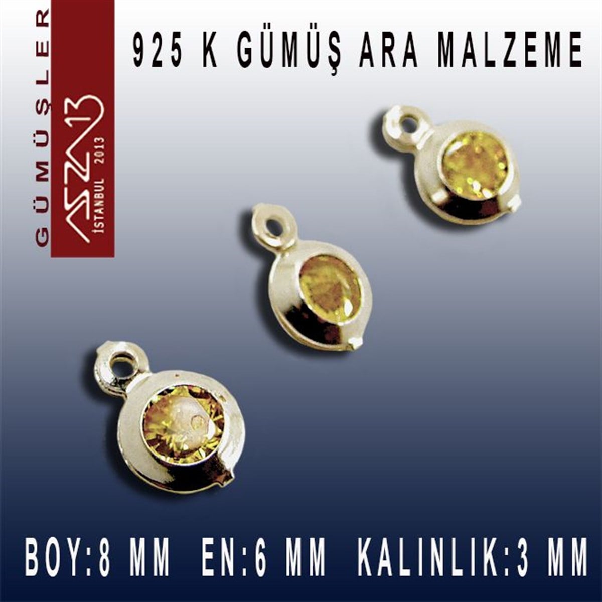 Gümüş Taşlı Döküm Ara MalzemelerGÜMÜŞMarkasız925 K Gümüş, Yuvarlak, Topaz Zirkon Taşlı, Tek Kulplu Ara Malzeme / Paket İçeriği 3 Adet