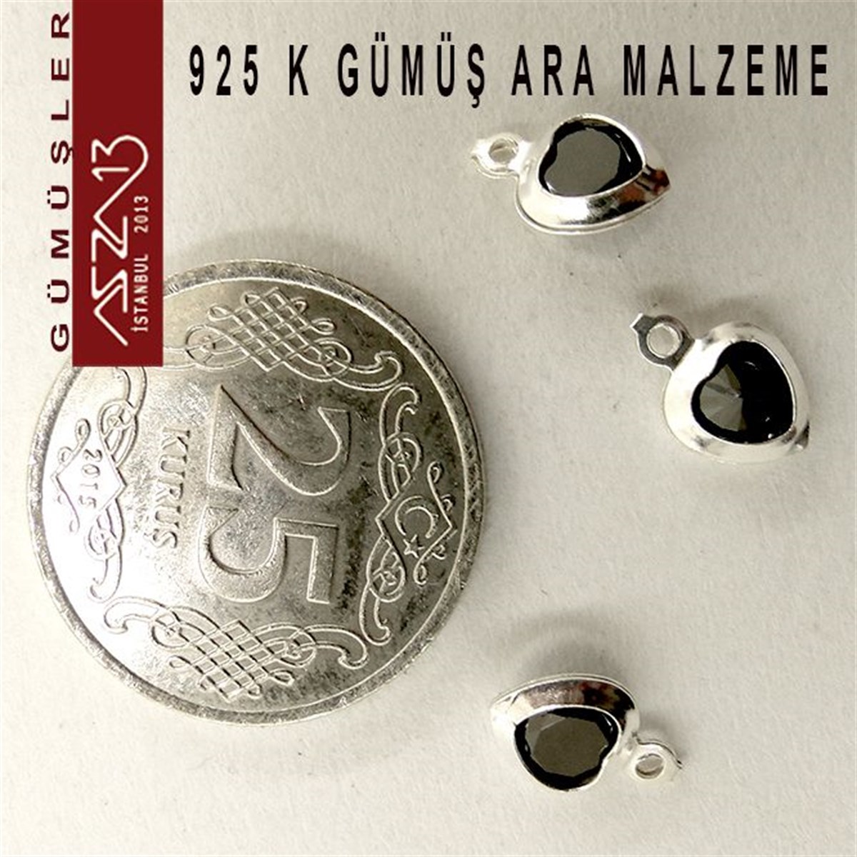 Gümüş Taşlı Döküm Ara MalzemelerGÜMÜŞMarkasız925 K Gümüş, Kalp, Jet Zirkon Taşlı, Tek Kulplu Ara Malzeme / Paket İçeriği 3 Adet