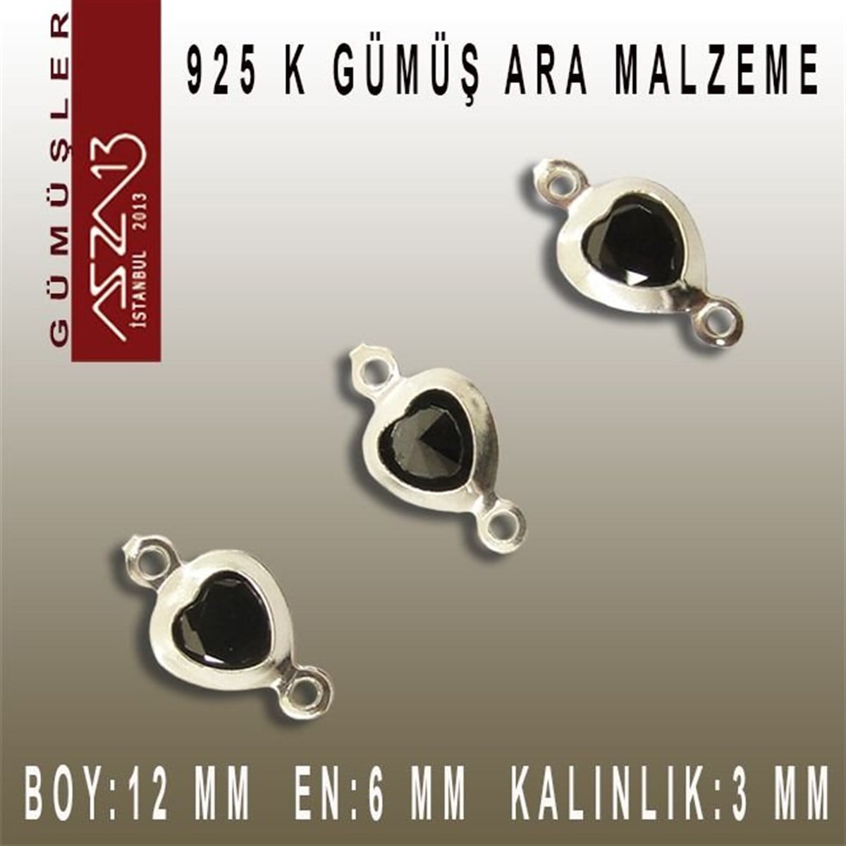Gümüş Taşlı Döküm Ara MalzemelerGÜMÜŞMarkasız925 K Gümüş, Kalp, Jet Zirkon Taşlı, Çift Kulplu Ara Malzeme / Paket İçeriği 3 Adet