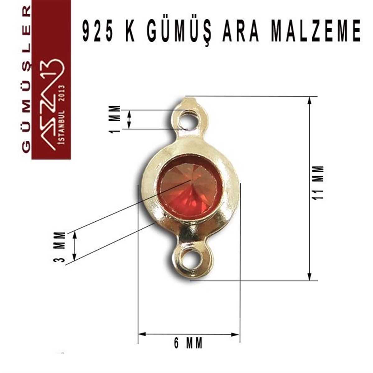 Gümüş Taşlı Döküm Ara MalzemelerGÜMÜŞMarkasız925 K Gümüş, Yuvarlak, Siam Zirkon Taşlı, Çift Kulplu Ara Malzeme / Paket İçeriği 3 Adet