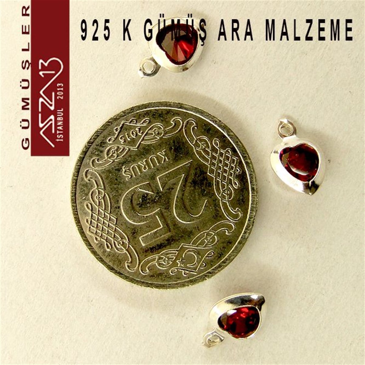 Gümüş Taşlı Döküm Ara MalzemelerGÜMÜŞMarkasız925 K Gümüş, Kalp, Siam Zirkon Taşlı, Tek Kulplu Ara Malzeme / Paket İçeriği 3 Adet