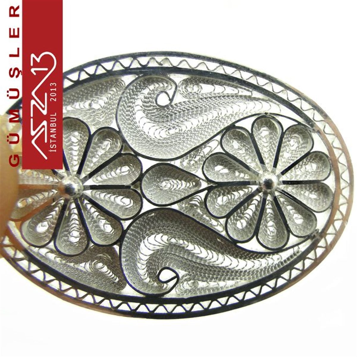 GÜMÜŞ TELKARİ BAĞLANTI PARÇASIGÜMÜŞazza133,8x2,8 cm Dikey İki Çiçek Motifli Oval, 925 Gümüş Telkari Kolye Ucu Fligran (8,05 gr)