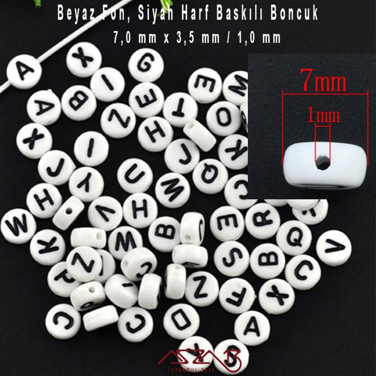 Harf, Rakam ve Burç BoncuklarBONCUK ve TAŞMarkasız365 Adet 7 mm Beyaz Fon, Siyah Renk Harfli Yassı Yuvarlak Boncuk (50 Gr)