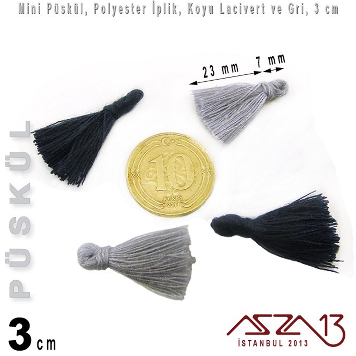 İpler, Kordonlar, MisinalarTAKI MALZEMEMarkasızKoyu Lacivert ve Gri - 3 cm Mini Püskül / 5 Adet