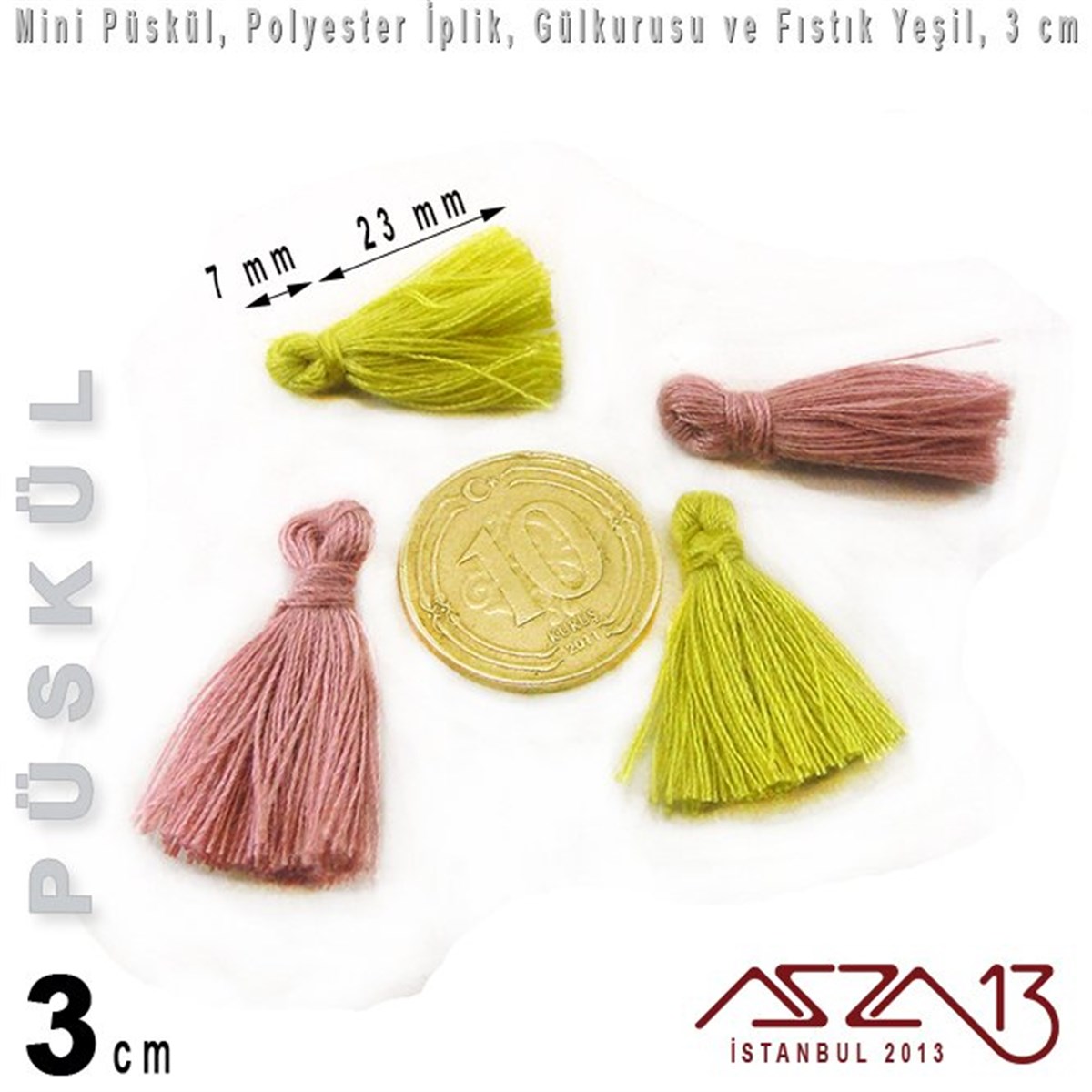 İpler, Kordonlar, MisinalarTAKI MALZEMEMarkasızGülkurusu ve Fıstık Yeşil - 3 cm Mini Püskül / 5 Adet