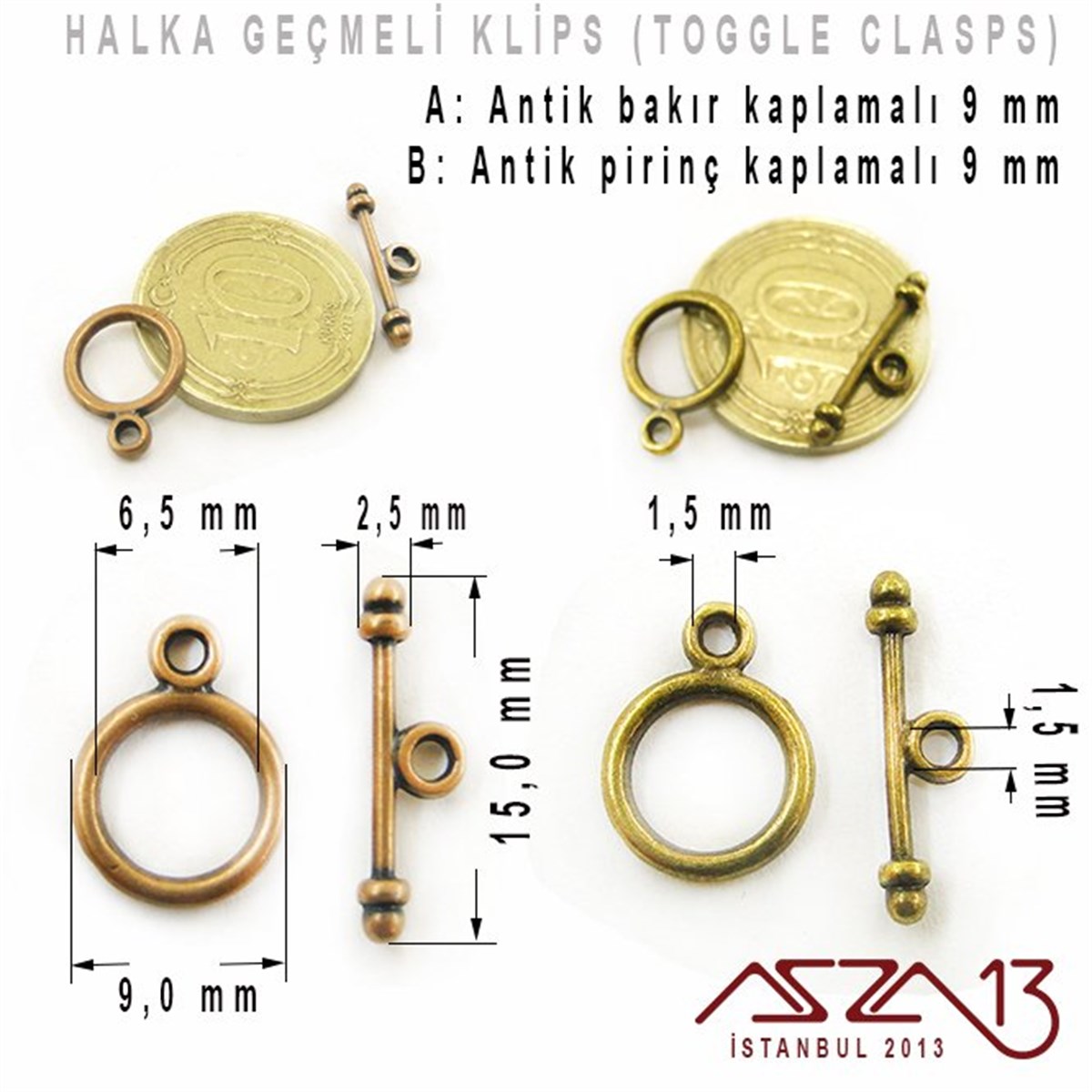 Klipsler, Kancalar, Bitler, Kapamalar, HalkalarTAKI MALZEMEMarkasızAntik Bakır ve Pirinç Kaplamalı, 9 mm Halka Geçmeli Kilit / Paket İçeriği 1 Set