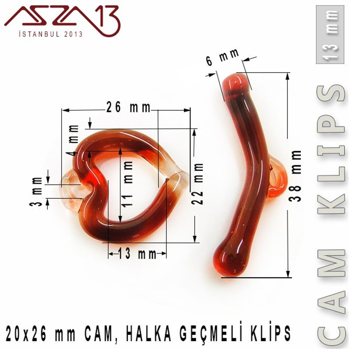 Klipsler, KilitlerTAKI MALZEMEBeadSmithGarnet, 13 mm, Cam Geçmeli Kalp Klips / Paket İçeriği 1 Adet
