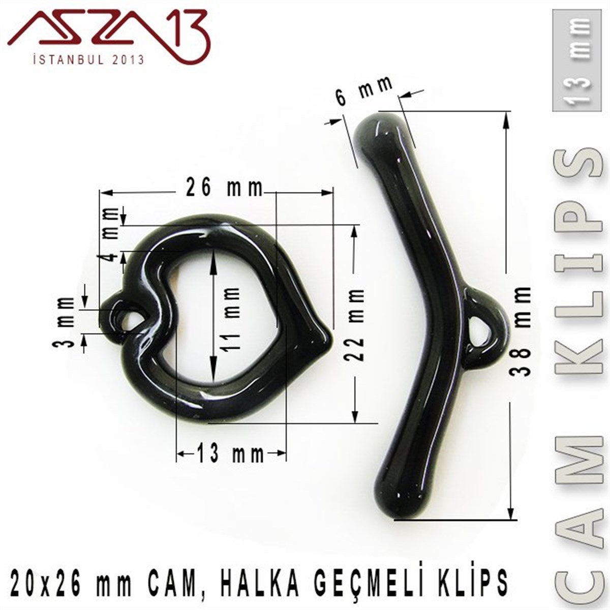 Klipsler, KilitlerTAKI MALZEMEBeadSmithJet, 13 mm, Cam Geçmeli Kalp Klips / Paket İçeriği 1 Adet