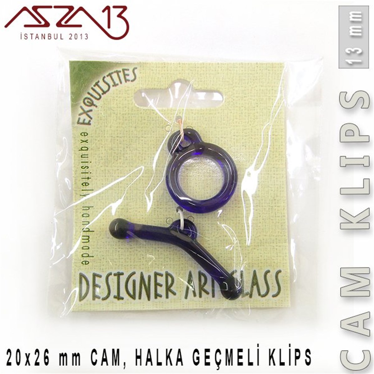 Klipsler, KilitlerTAKI MALZEMEBeadSmithSafir, 13 mm, Cam Geçmeli Klips / Paket İçeriği 1 Adet