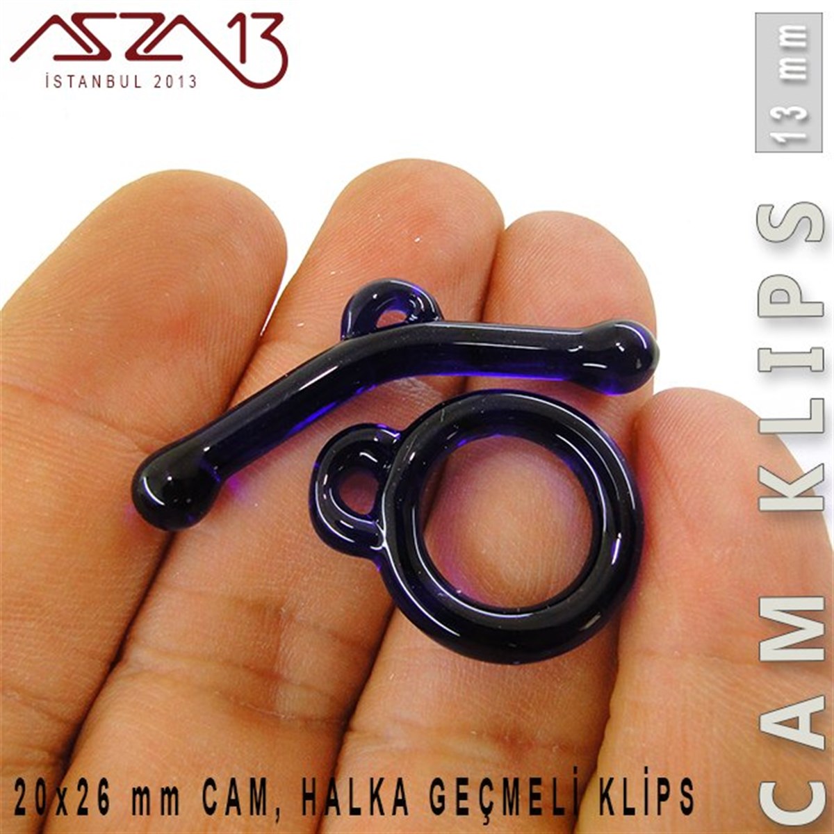 Klipsler, KilitlerTAKI MALZEMEBeadSmithSafir, 13 mm, Cam Geçmeli Klips / Paket İçeriği 1 Adet