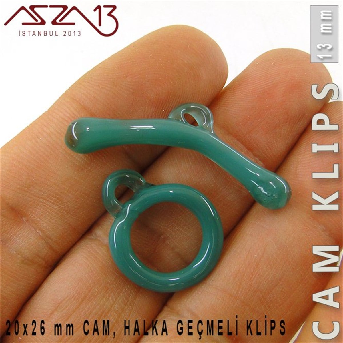 Klipsler, KilitlerTAKI MALZEMEBeadSmithTurkuaz, 13 mm, Cam Geçmeli Klips / Paket İçeriği 1 Adet