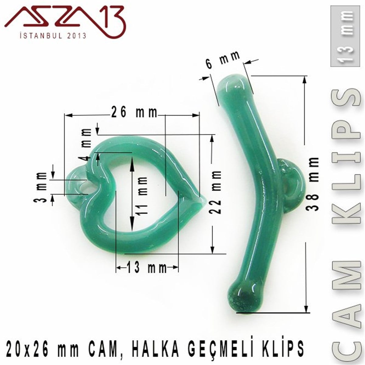 Klipsler, KilitlerTAKI MALZEMEBeadSmithTurkuaz, 13 mm, Cam Geçmeli Kalp Klips / Paket İçeriği 1 Adet