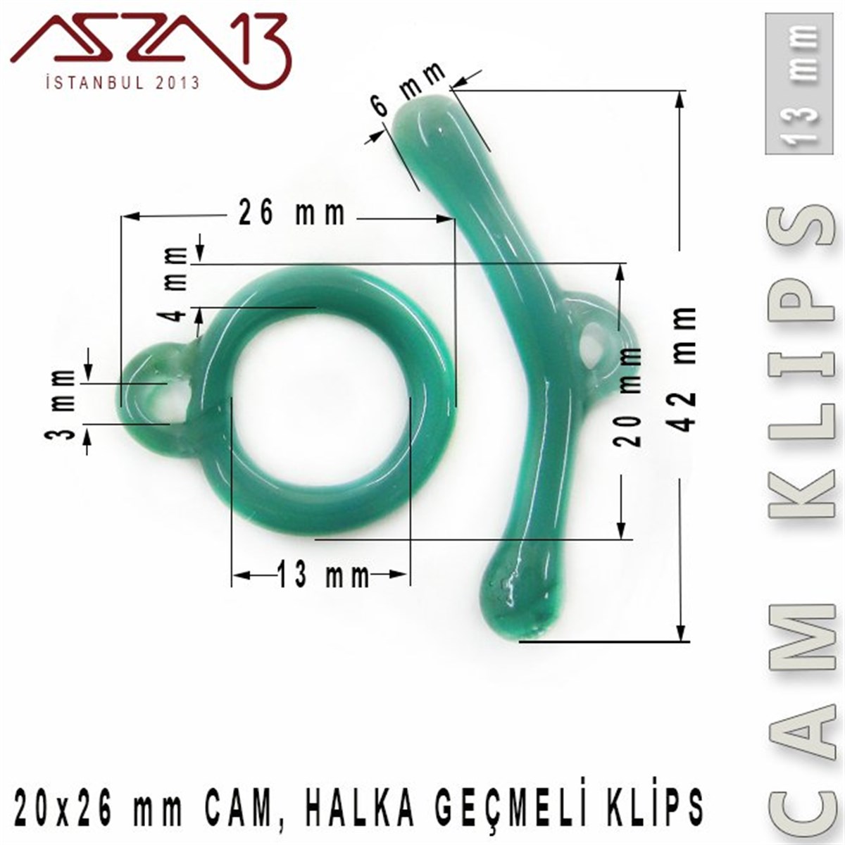 Klipsler, KilitlerTAKI MALZEMEBeadSmithTurkuaz, 13 mm, Cam Geçmeli Klips / Paket İçeriği 1 Adet