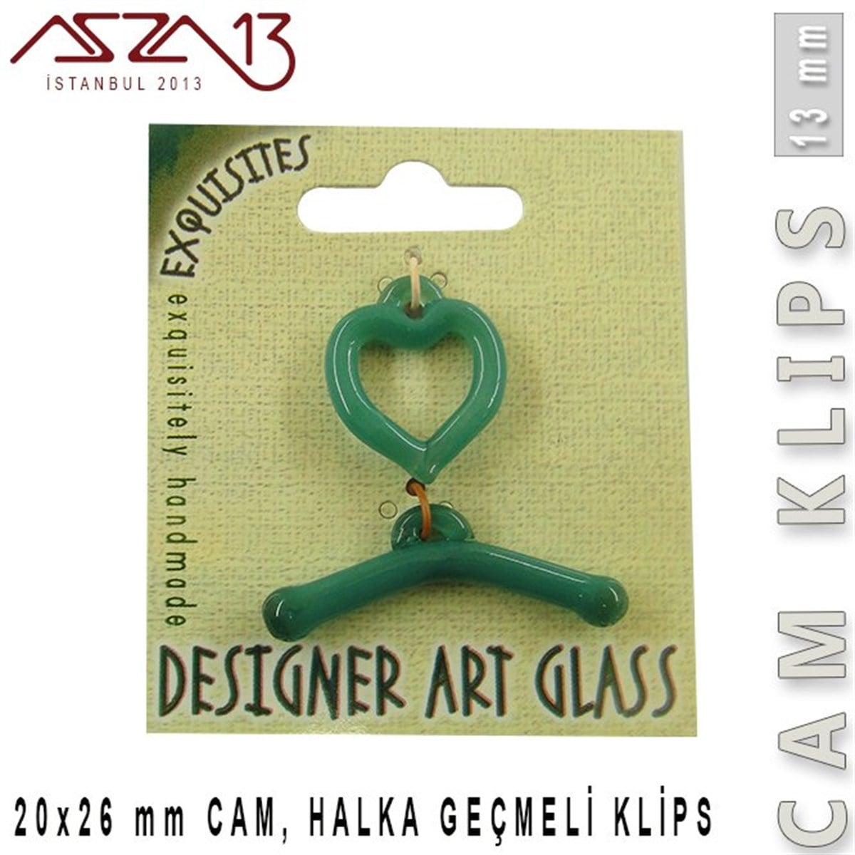 Klipsler, KilitlerTAKI MALZEMEBeadSmithTurkuaz, 13 mm, Cam Geçmeli Kalp Klips / Paket İçeriği 1 Adet
