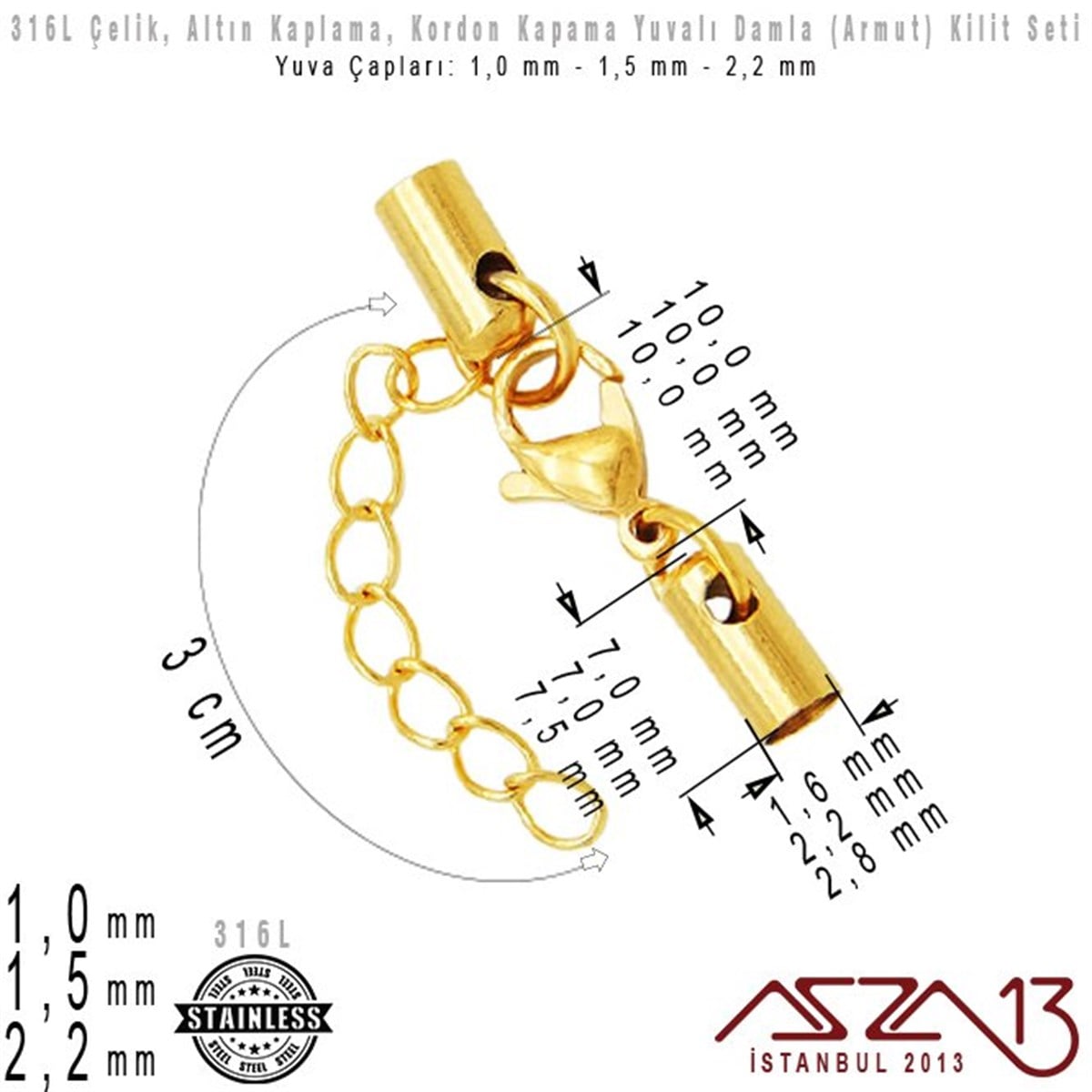 Klipsler, KilitlerTAKI MALZEMEMarkasızAltın Kaplamalı 316L Çelik Kapsül Kapama Kilit (Klips) Seti - 1,0/1,5/2,2 mm Yuva Çaplı / 1 Set