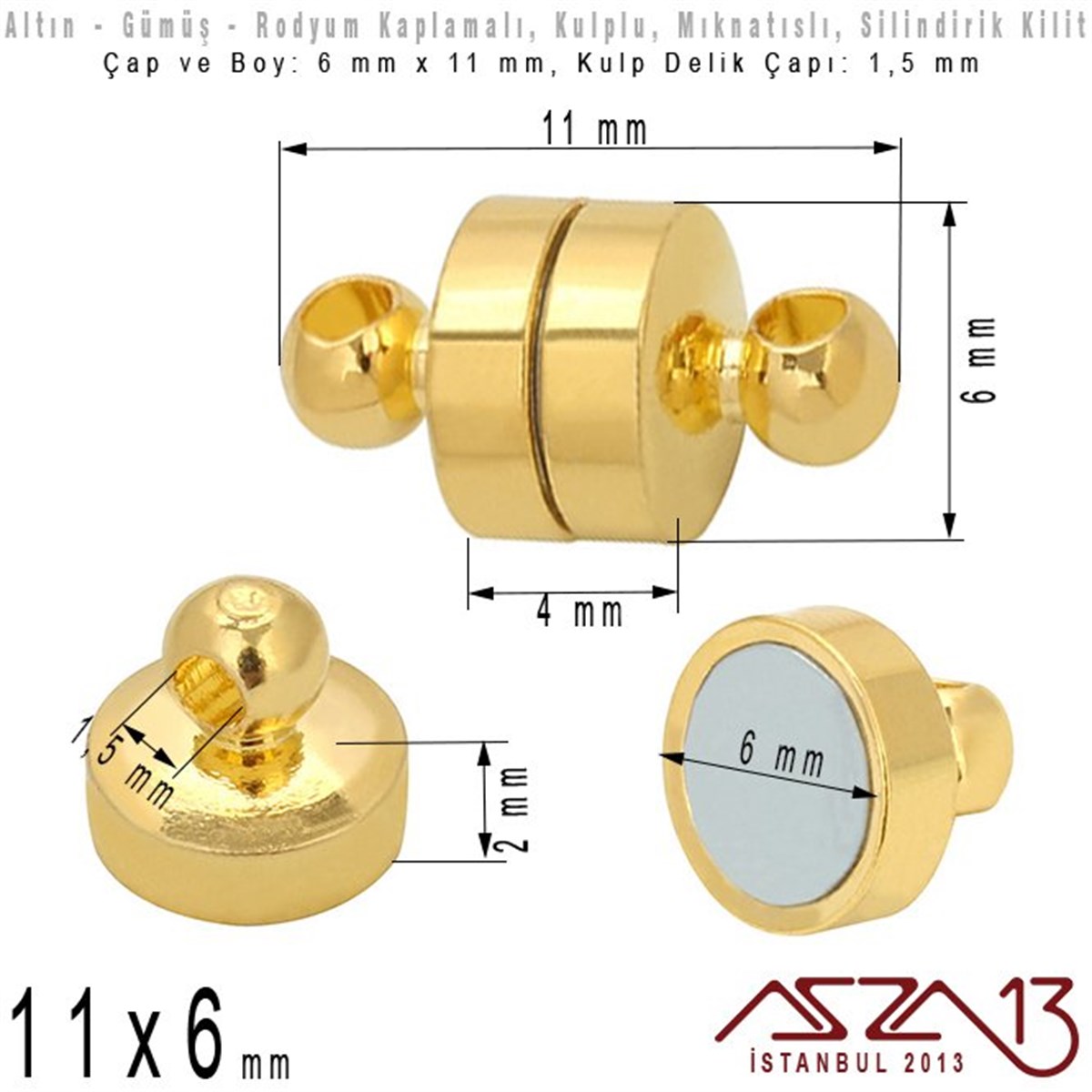 Klipsler, KilitlerTAKI MALZEMEMarkasızAltın, Gümüş ve Rodyum Kaplama Mıknatıslı Kilit (Klips) - Kulplu 11 x 6 mm / 1 Adet