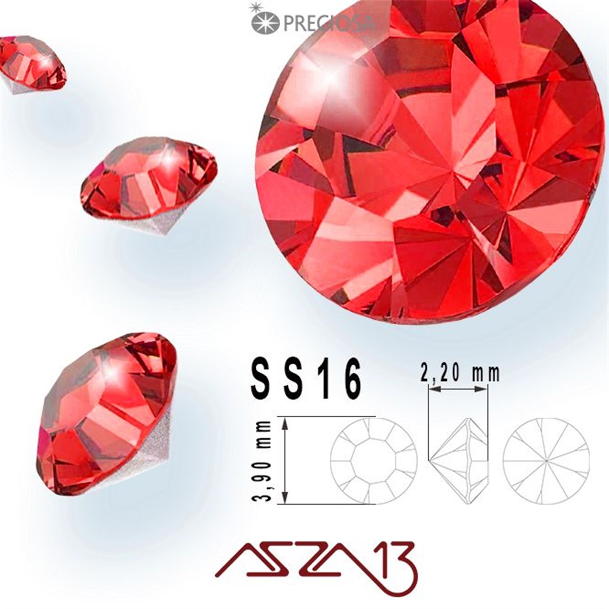 Kristal Taş (Flatback)Kristal TaşPreciosaSS16 Optima (3,9 mm) Altı Sivri Light Siam, Kristal Taş  / Paket İçeriği 72 Adet