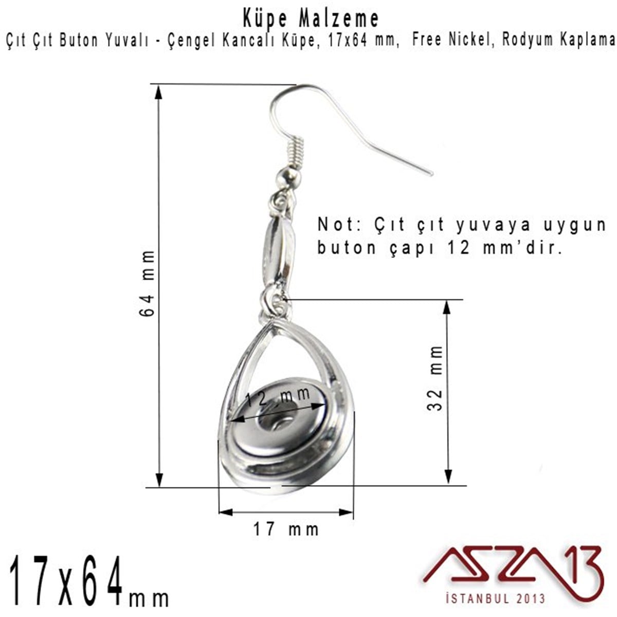 Küpe MalzemeleriTAKI MALZEMEMarkasızRodyum Kaplamalı - 12 mm Çıt Çıt Yuvalı - Çengel Kancalı Küpe Gövdesi / 1 Çift