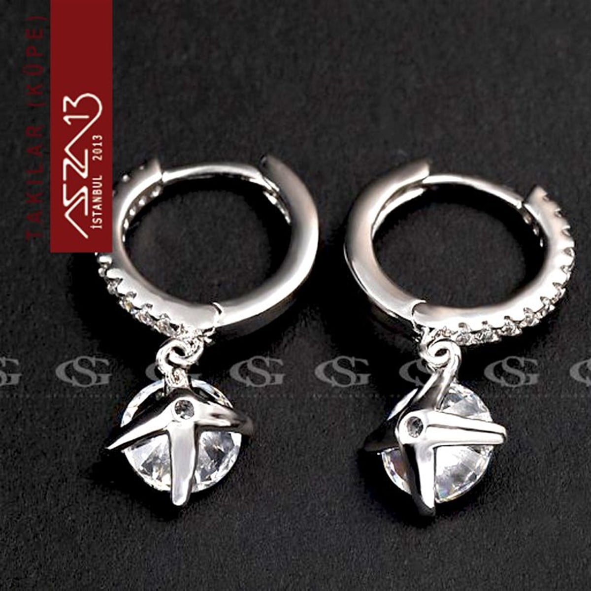 KüpeTAKIMarkasızKristal Taşlı Halka Kanca Üzerinde Zirkon Elmas Sallantılı Platinyum Küpe