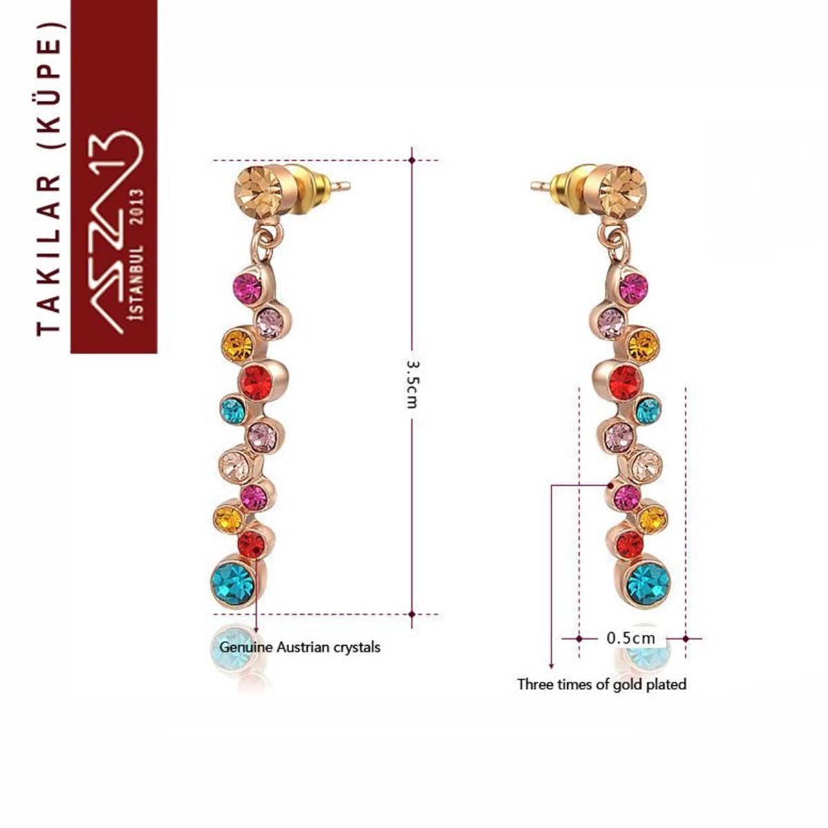 KüpeTAKIMarkasızRenkli Kristal Taşlı Uzun Sallantı Altın Küpe