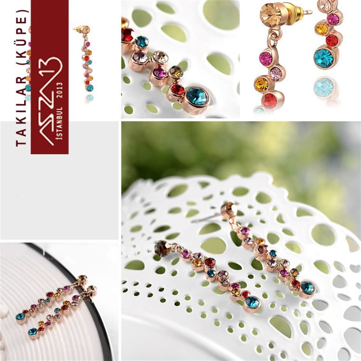KüpeTAKIMarkasızRenkli Kristal Taşlı Uzun Sallantı Altın Küpe