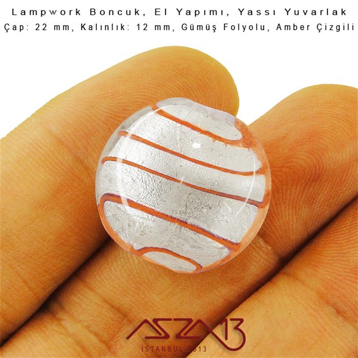 Lampwork BoncukBONCUK ve TAŞBeadSmithAmber, Yassı Yuvarlak, 22 mm Lampwork Boncuk / Paket İçeriği 3 Adet