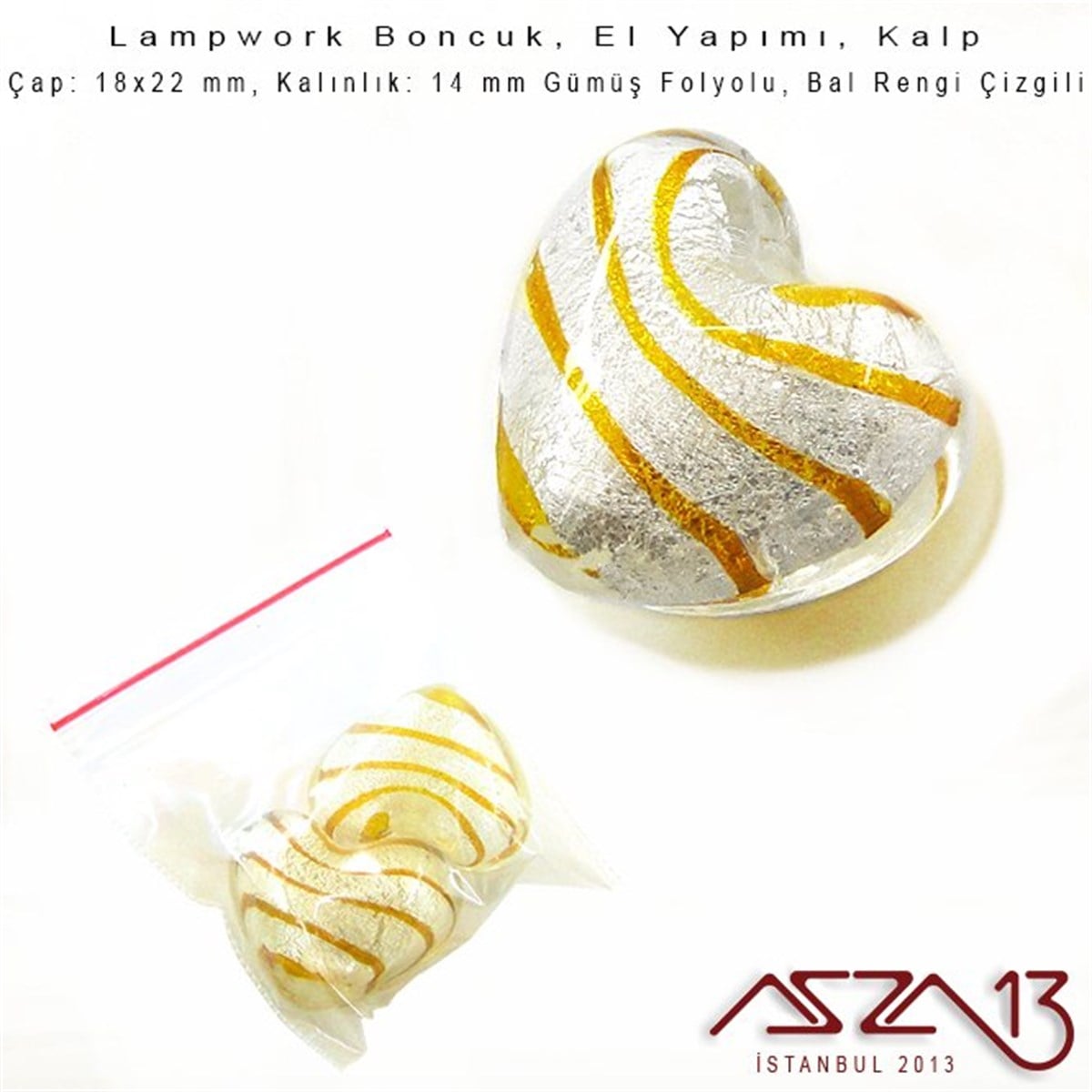 Lampwork BoncukBONCUK ve TAŞBeadSmithBal Rengi, Kalp, 18x22 mm Lampwork Boncuk / Paket İçeriği 2 Adet