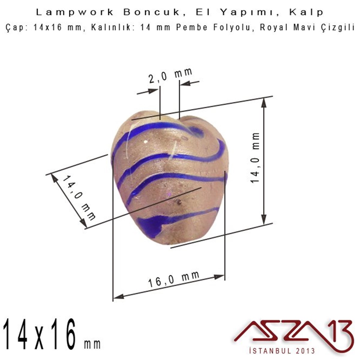 Lampwork BoncukBONCUK ve TAŞBeadSmithRoyal Mavi-Pembe, Kalp, 14x16 mm Lampwork Boncuk / Paket İçeriği 3 Adet