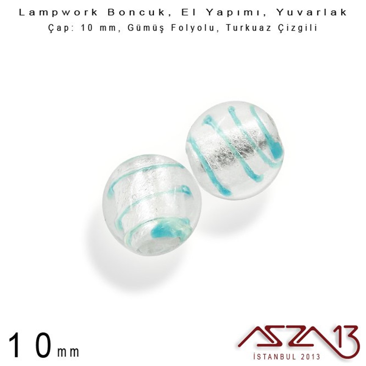 Lampwork BoncukBONCUK ve TAŞBeadSmithTurkuaz, Yuvarlak, 10 mm Lampwork Boncuk / Paket İçeriği 4 Adet