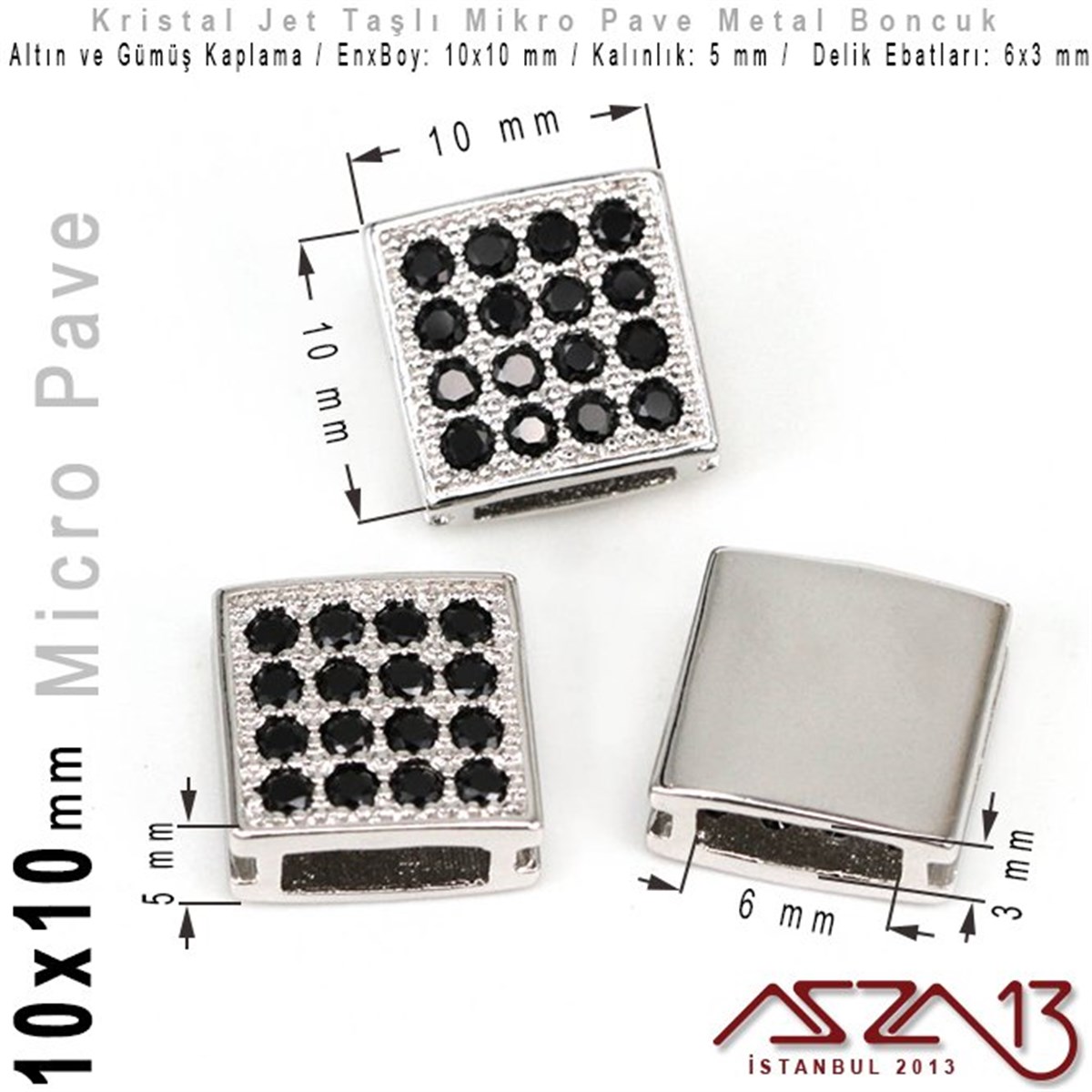 Micro Pave BoncuklarTAKI MALZEMEMarkasızAltın / Gümüş Kaplama, Jet Kristal Taşlı 7 mm Micro Pave Kare Boncuk / Paket İçeriği 1 Adet