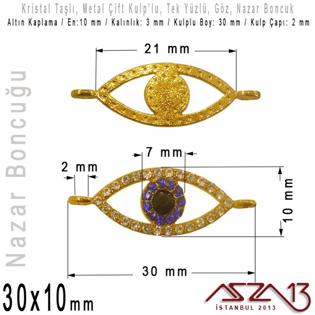 Micro Pave BoncuklarTAKI MALZEMEMarkasızAltın Kaplama, Kristal Taşlı, 30 mm Nazar Göz Şekilli,  Bağlantı Malzeme / 1 Adet