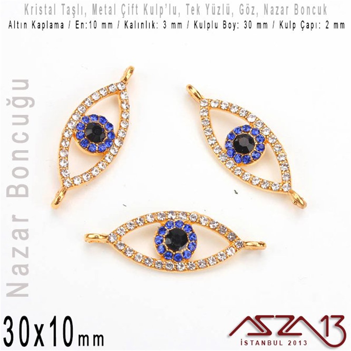 Micro Pave BoncuklarTAKI MALZEMEMarkasızAltın Kaplama, Kristal Taşlı, 30 mm Nazar Göz Şekilli,  Bağlantı Malzeme / 1 Adet