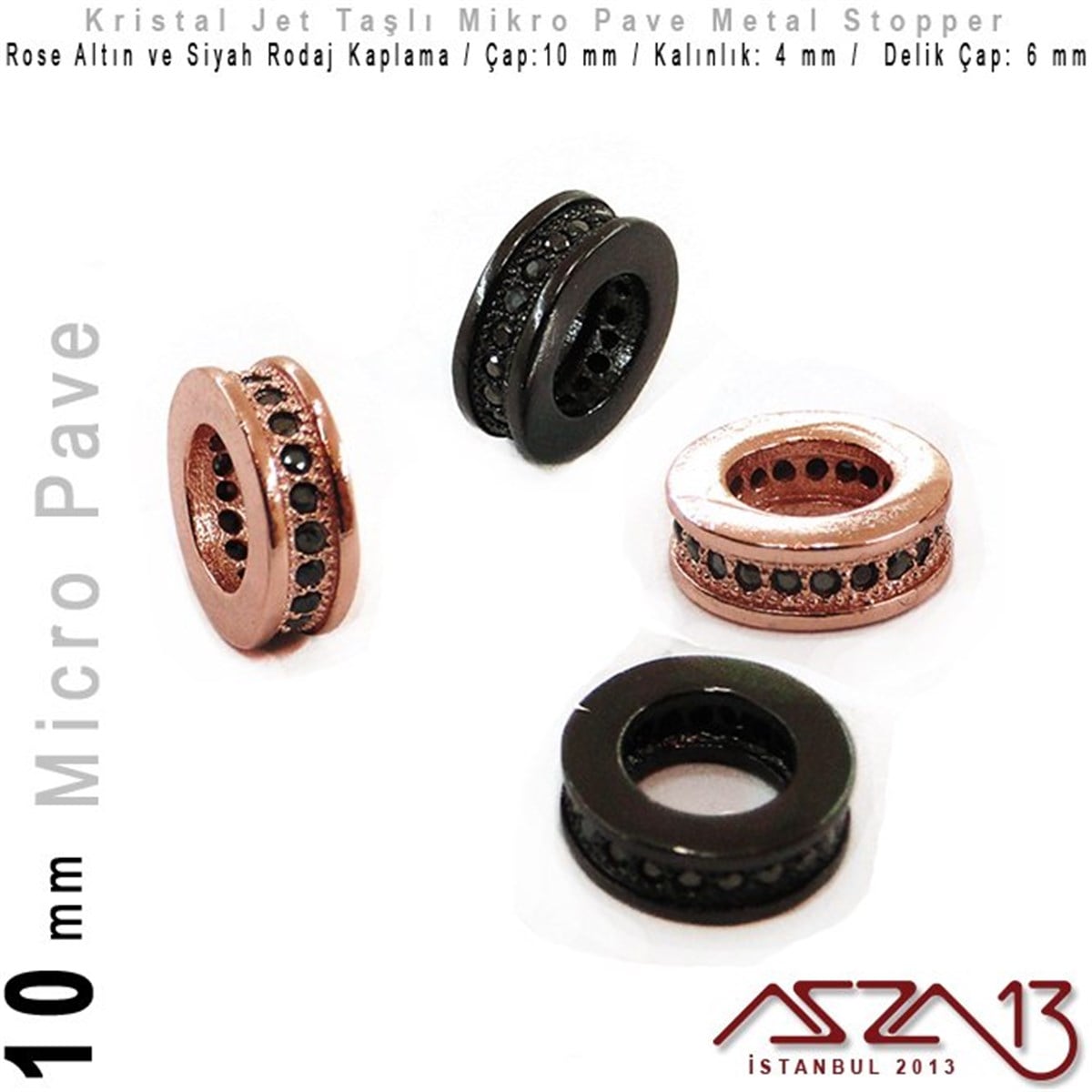 Micro Pave BoncuklarTAKI MALZEMEMarkasızRose Altın / Siyah Rodaj Kaplama, Jet Kristal Taşlı 10 mm Micro Pave Stopper / Paket İçeriği 1 Adet