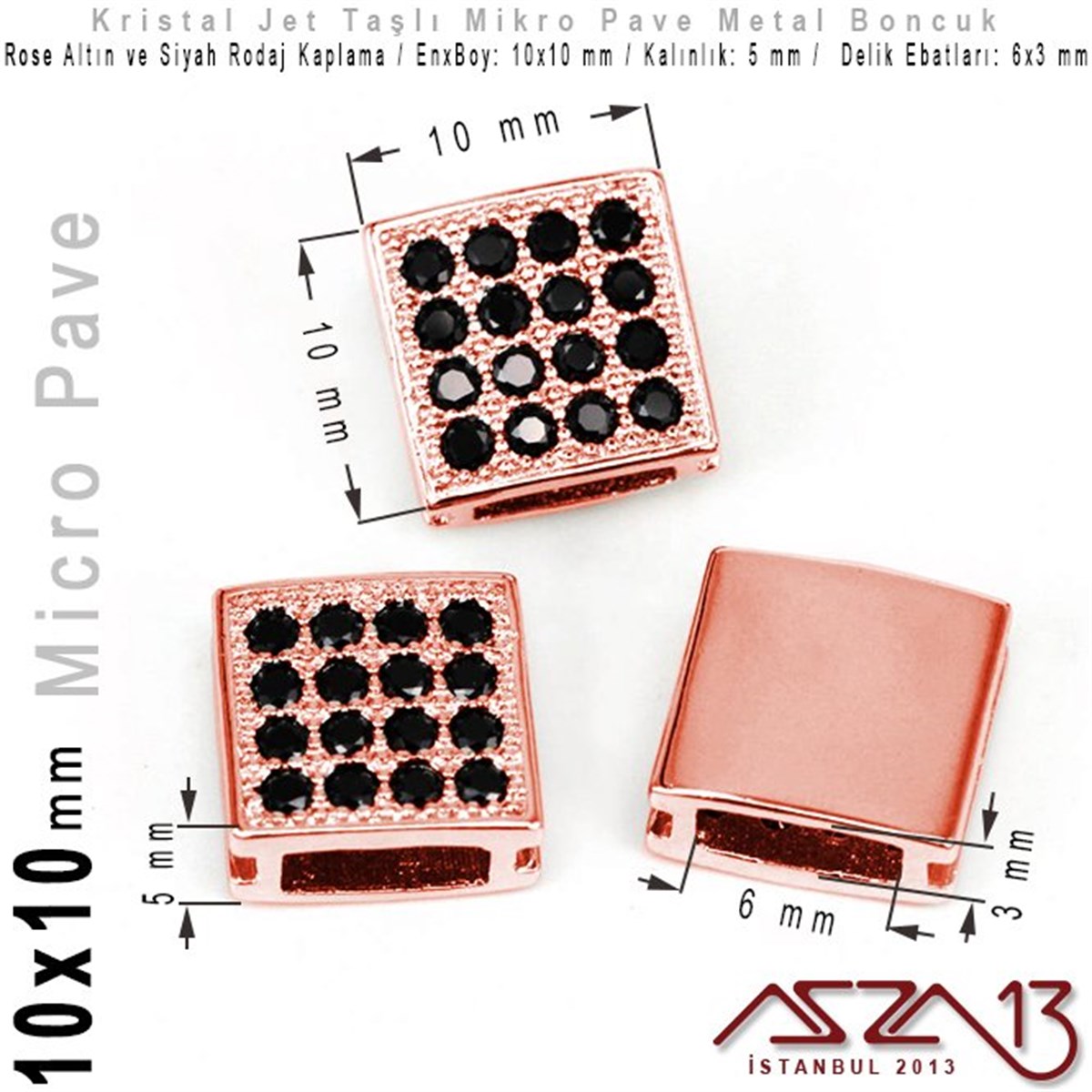 Micro Pave BoncuklarTAKI MALZEMEMarkasızRose Altın / Siyah Rodaj Kaplama, Jet Kristal Taşlı 7 mm Micro Pave Kare Boncuk / Paket İçeriği 1 Adet