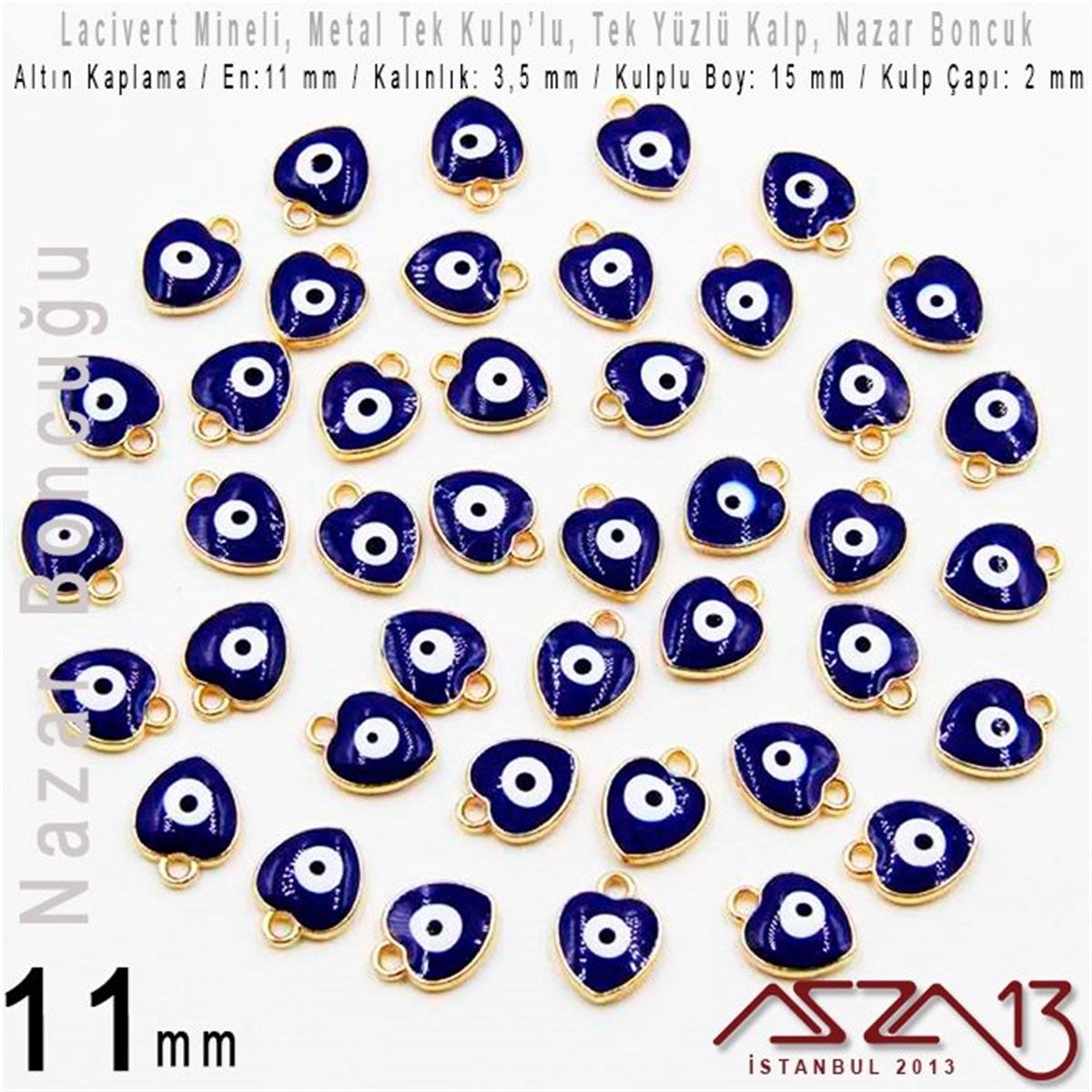 Nazar BoncuklarıTAKI MALZEMEMarkasızAltın Kaplamalı - Lacivert Mineli - Tek Yüzlü 11 mm - Tek Kulp'lu - Kalp Sallantı Malzeme / 1 Adet