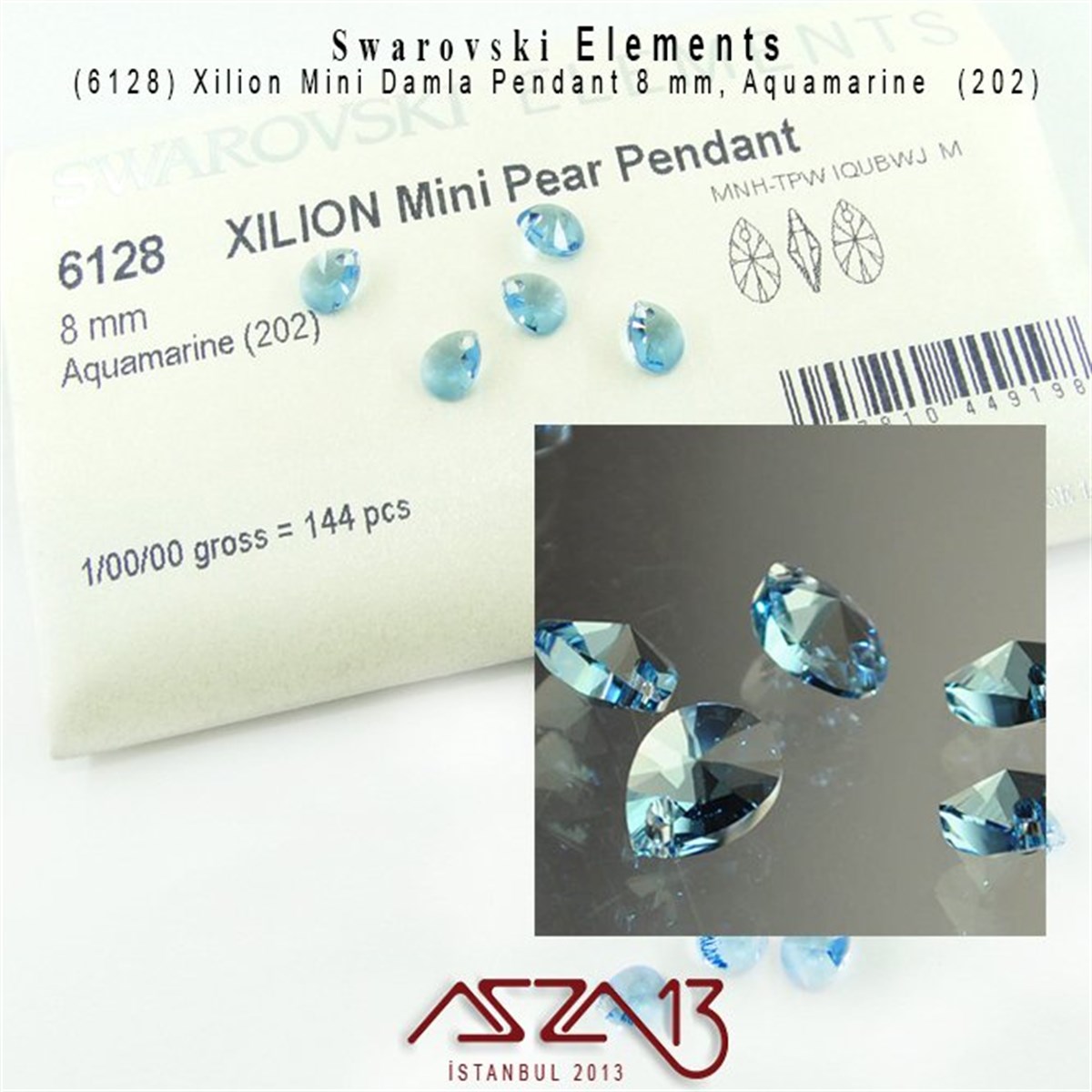 Swarovski Elements PendantSWAROVSKI®  ELEMENTSSwarovski6128 202 (Aquamarine)  Xilion Mini Pear Pendant (A. Mavi, Damla Kristal Uç) 8 mm / 5 Adet