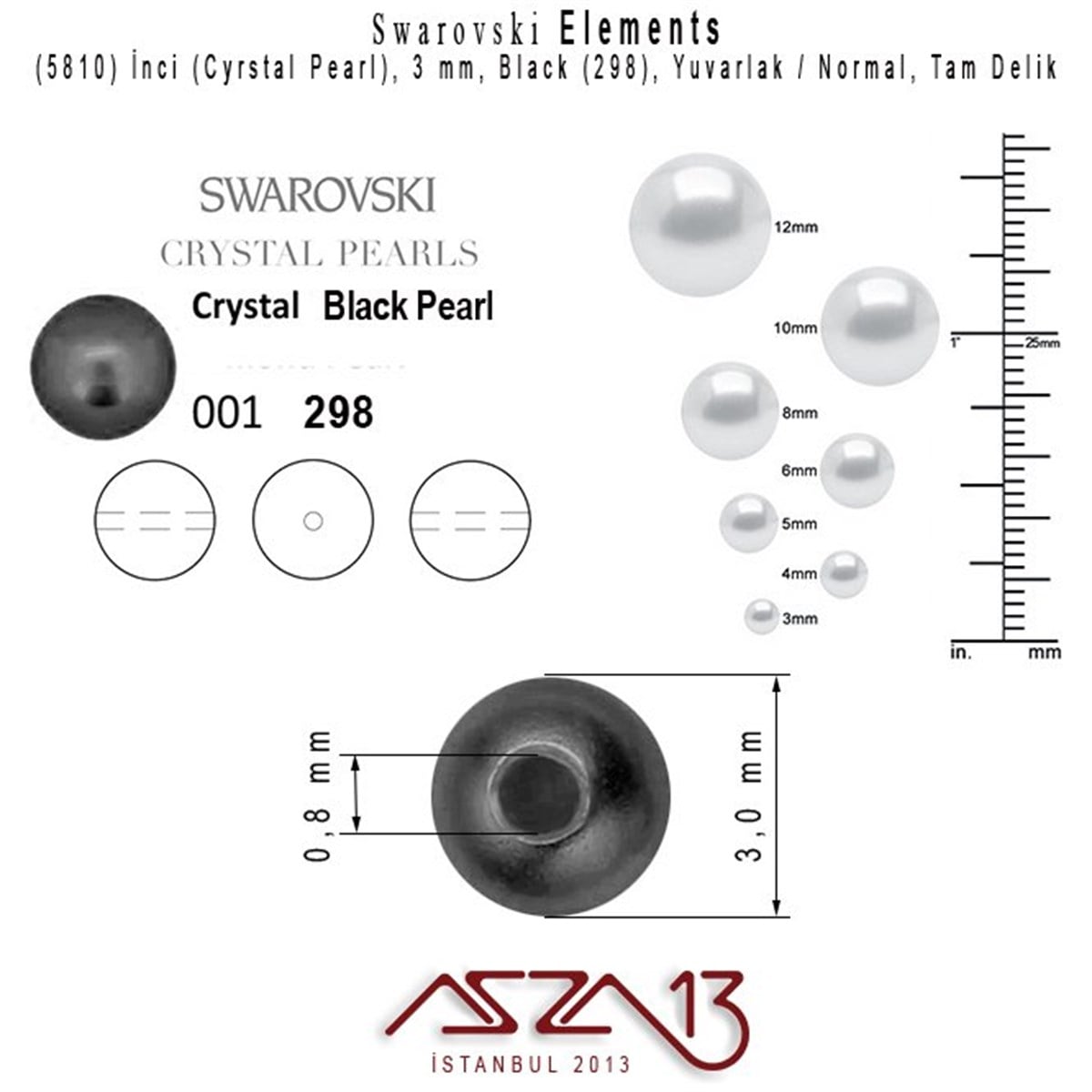 Swarovski Elements ÜrünleriSWAROVSKI®  ELEMENTSSwarovski5810-298 Crystal Black Pearl 3 mm (İnci) / 50 Adet