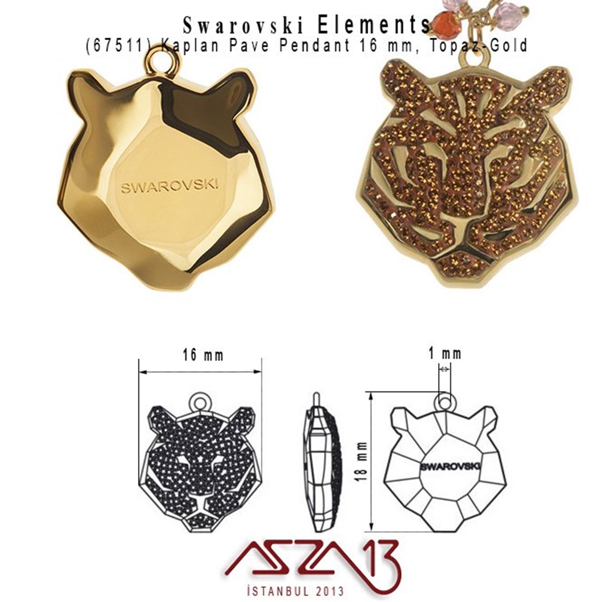 Swarovski Elements ÜrünleriSWAROVSKI®  ELEMENTSSwarovskiSwarovski 67511 Gold-Topaz (Pave Pendant) 16 mm Kaplan (Tiger) Kolye Ucu