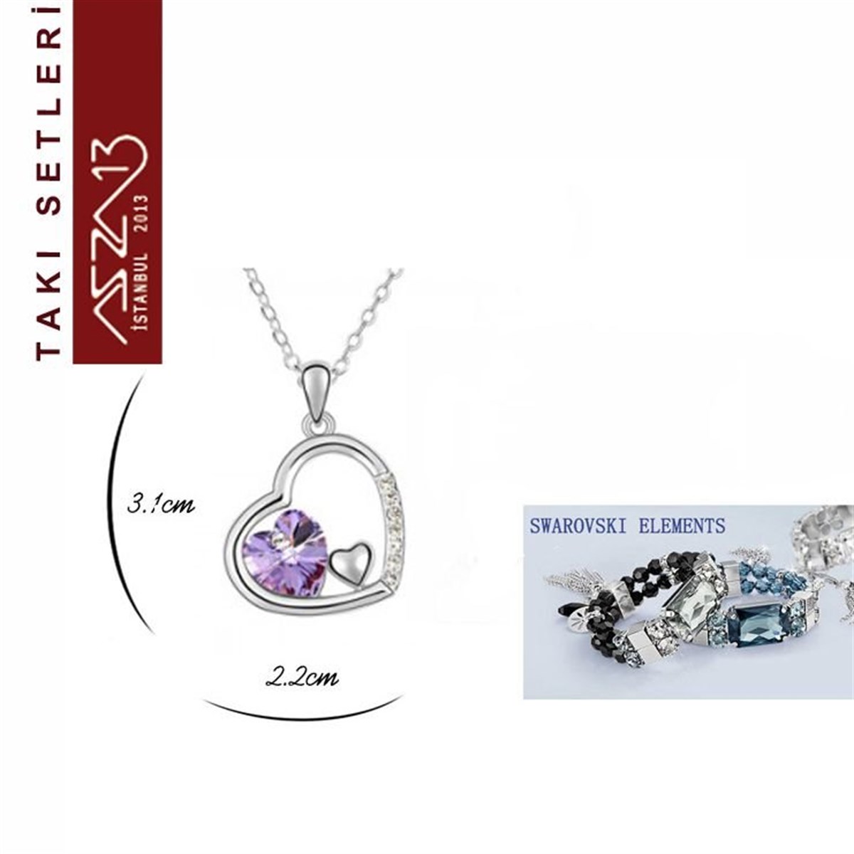 Takı SetiTAKIMarkasızRodyum Kaplama Swarovski Violet Kristal Taşlı Kolye ve Küpe Seti