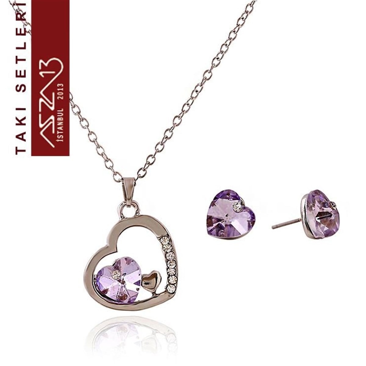 Takı SetiTAKIMarkasızRodyum Kaplama Swarovski Violet Kristal Taşlı Kolye ve Küpe Seti