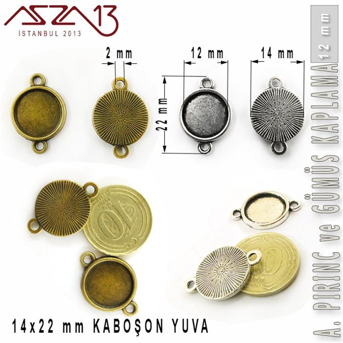 Taş Yuvaları, Montürler, Sıvama MalzemeleriTAKI MALZEMEMarkasızAntik Pirinç ve Gümüş Kaplamalı 12 mm Kaboşon Yuva / Paket İçeriği 5 Adet
