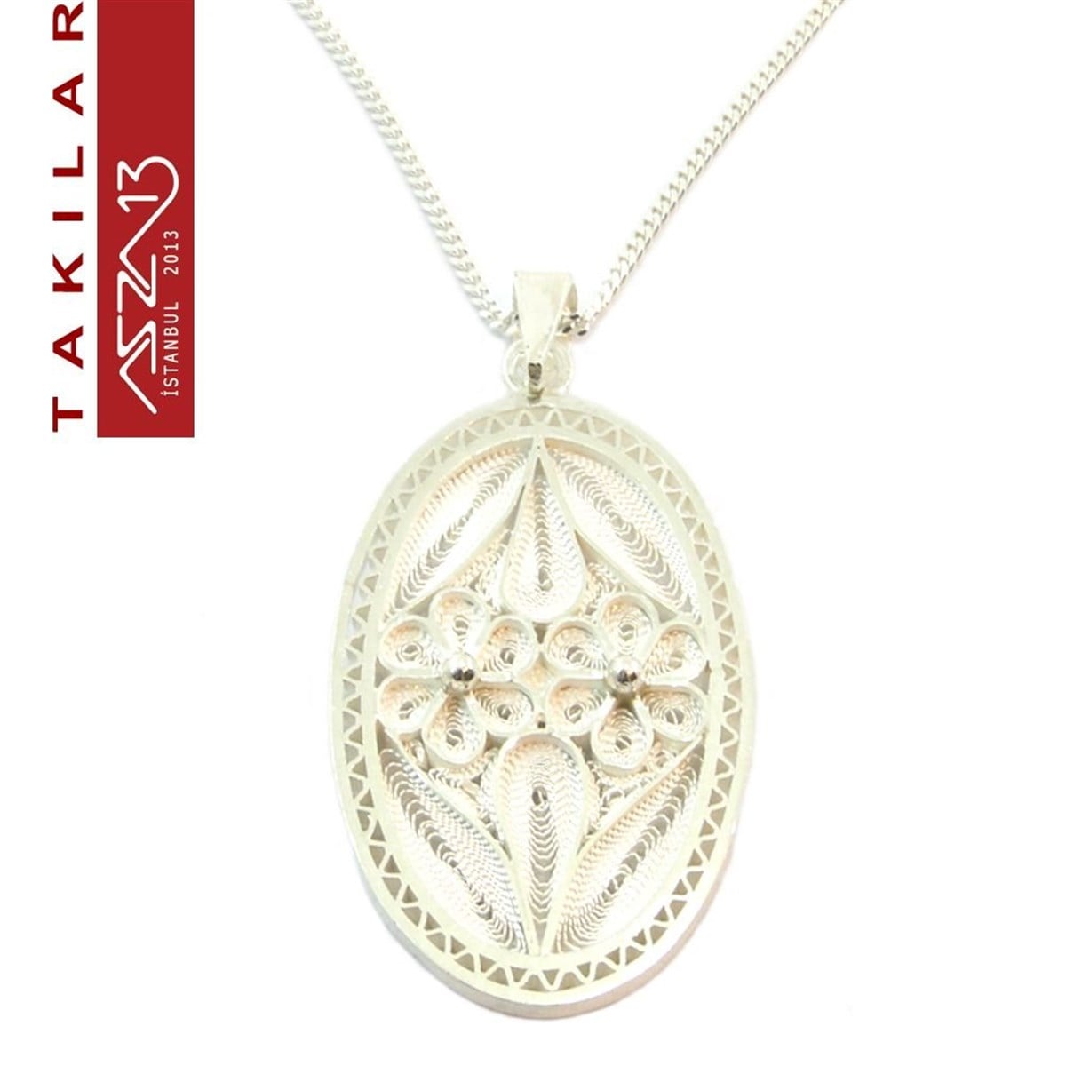 Telkari TakıTAKIazza132x3 cm Oval 925 Gümüş Telkari Madalyon Kolye