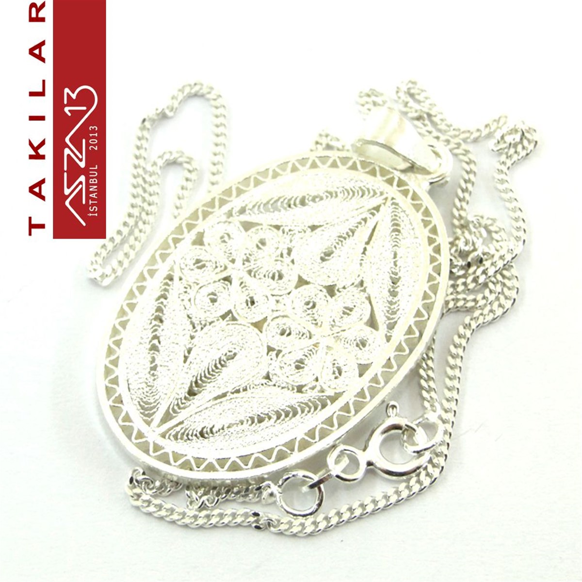 Telkari TakıTAKIazza132x3 cm Oval 925 Gümüş Telkari Madalyon Kolye