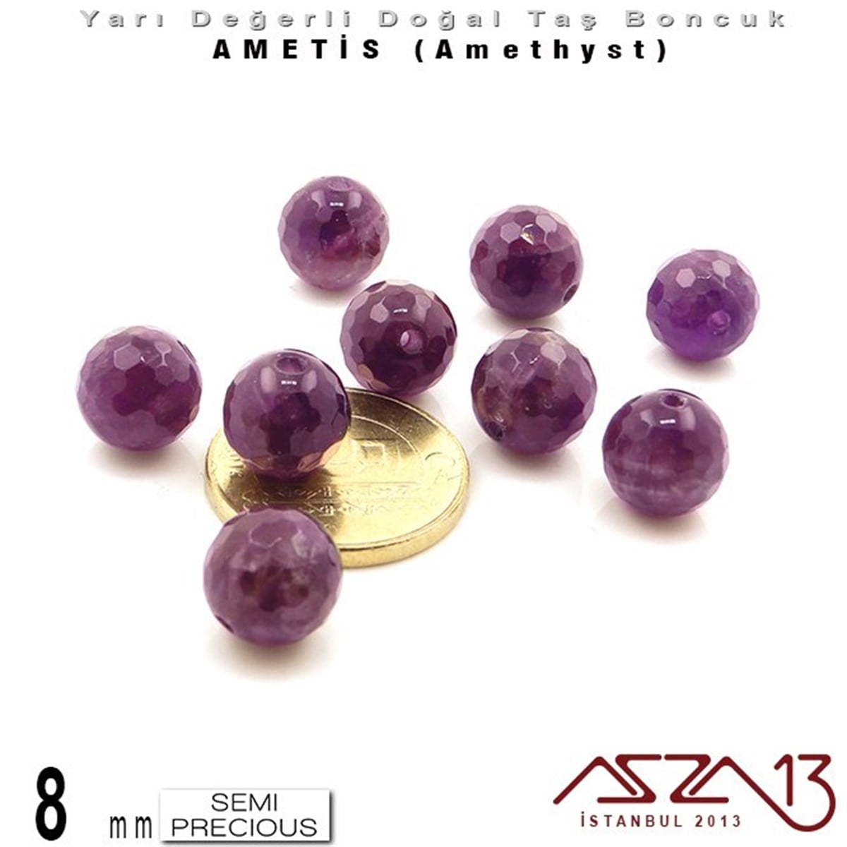 Yarı Değerli  Doğal Taş BoncuklarBONCUK ve TAŞMarkasız8 mm - Yuvarlak - Geodezik Yüzey - Ametis (Amethyst) / 9 Adet