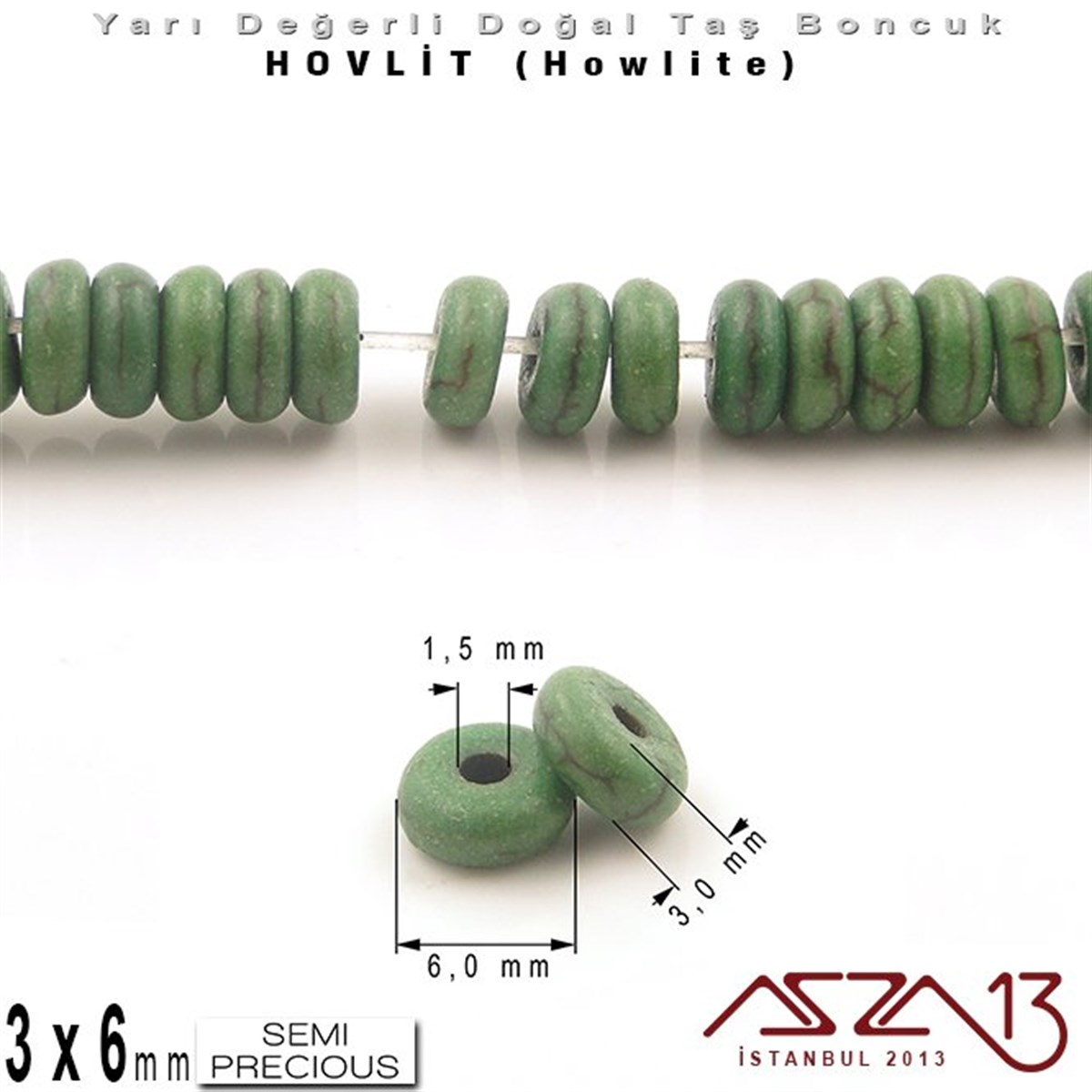 Yarı Değerli  Doğal Taş BoncuklarBONCUK ve TAŞMarkasız6 mm - Disk - Düz Yüzey - Yeşil Hovlit (Howlite) Boncuk / 60 Adet