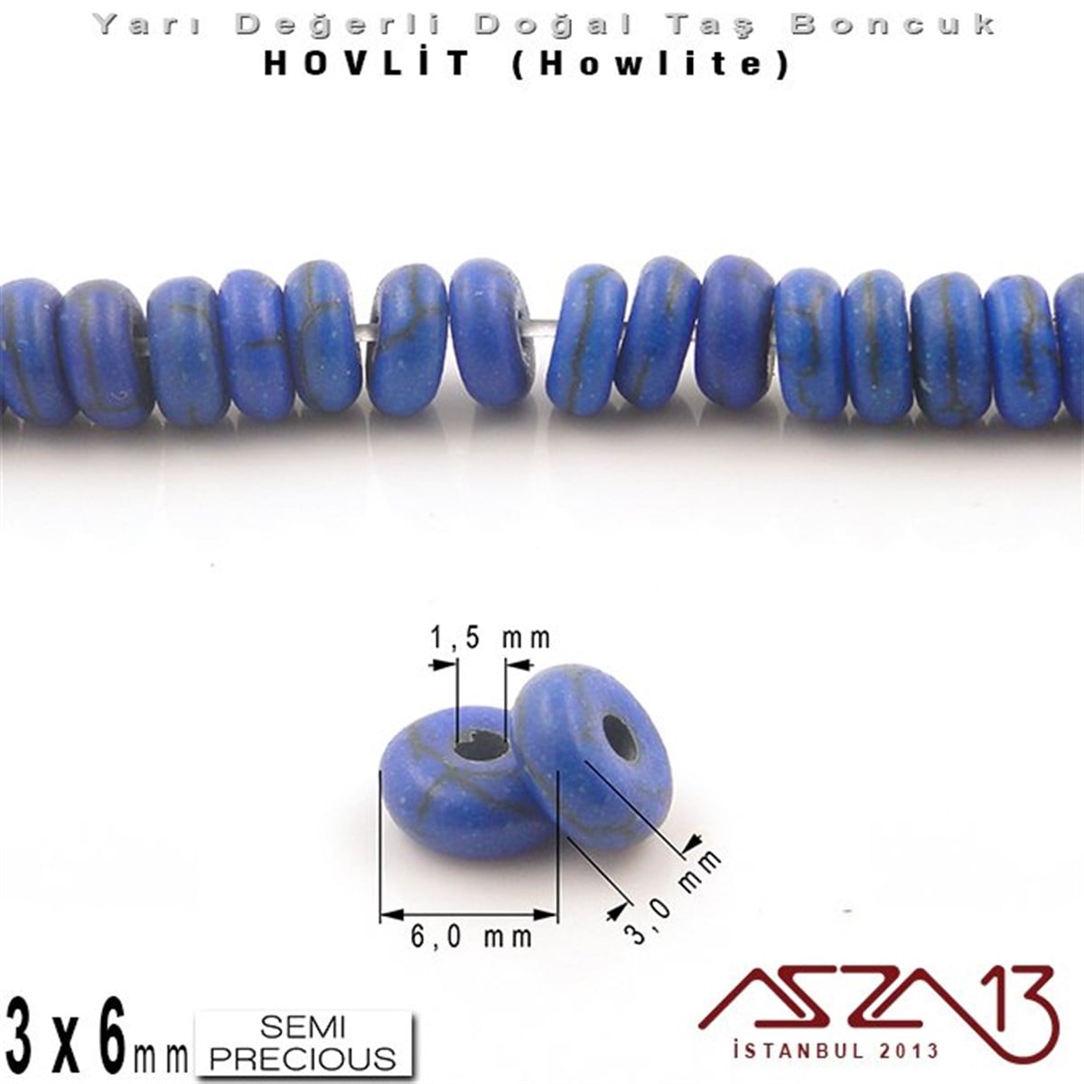 Yarı Değerli  Doğal Taş BoncuklarBONCUK ve TAŞMarkasız6 mm - Disk - Düz Yüzey - Koyu Mavi Hovlit (Howlite) Boncuk / 60 Adet